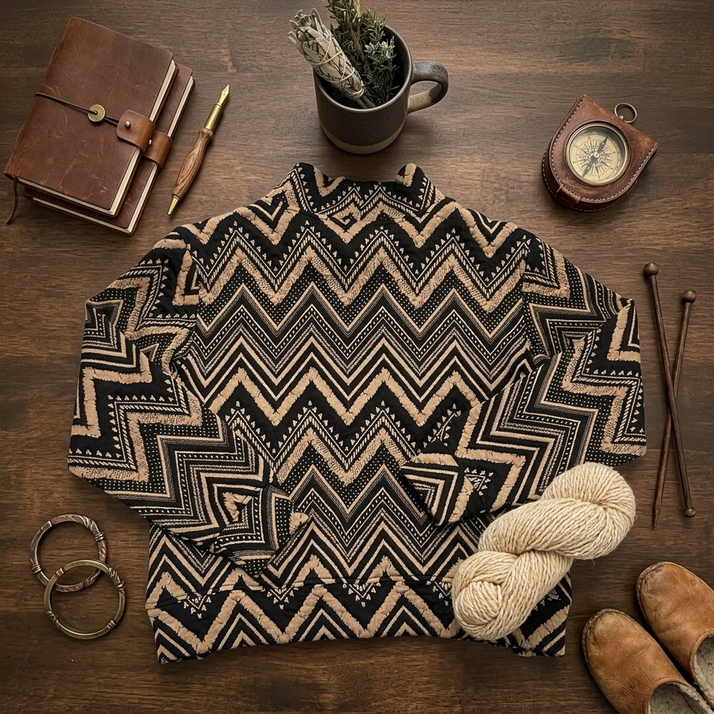 SSYS The Label Womens Sweater Small Black Tan Chevron Zig Zag Pullover Side Zips